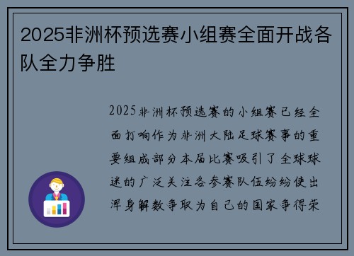 2025非洲杯预选赛小组赛全面开战各队全力争胜
