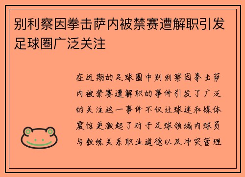 别利察因拳击萨内被禁赛遭解职引发足球圈广泛关注